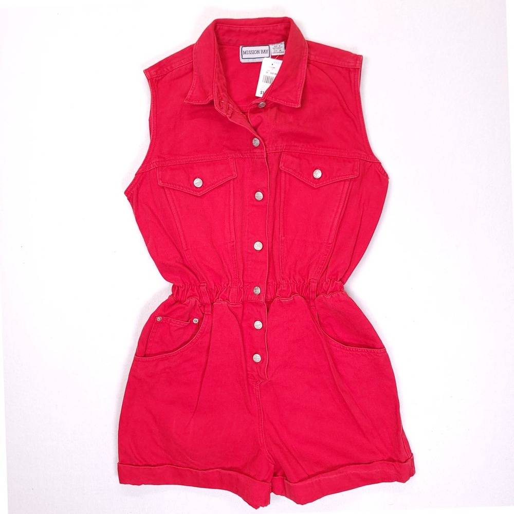 Mission Bay Vintage 90s Red Denim Romper Sleeveless Button Front Size Medium NWT